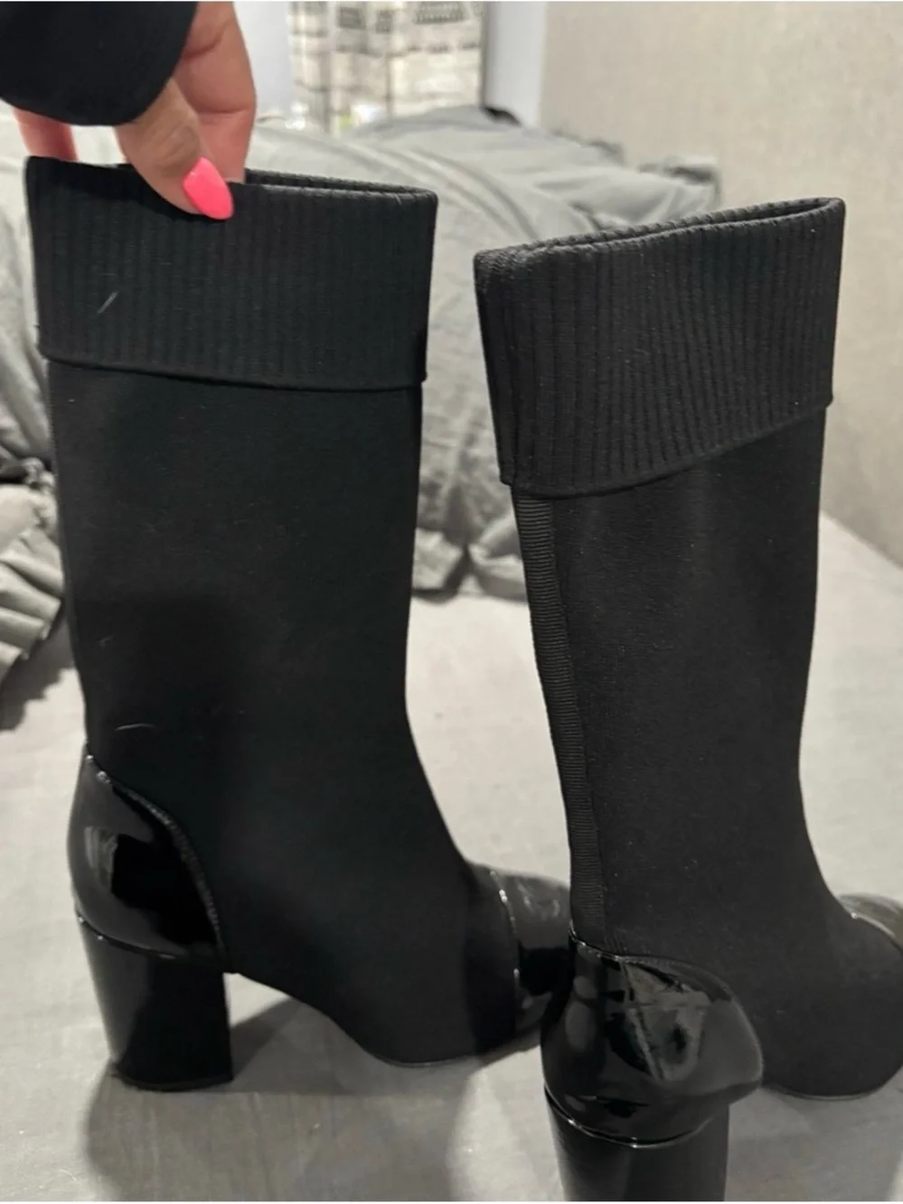 CHANEL Black Stretch Sock Boots with Glossy Patent Cap Toe - Picture 7 of 7